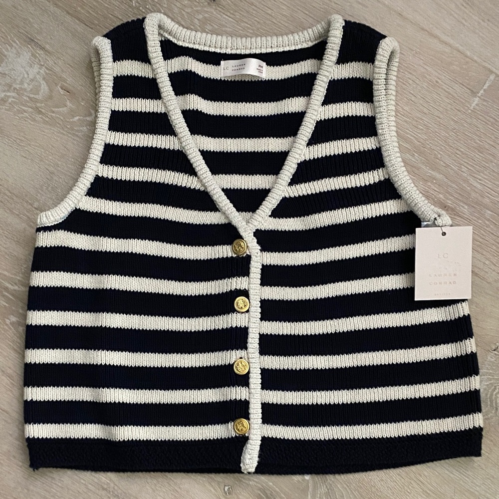 LC Lauren Conrad Navy and White Striped V-Neck Sweater Vest - Picture 1 of 4